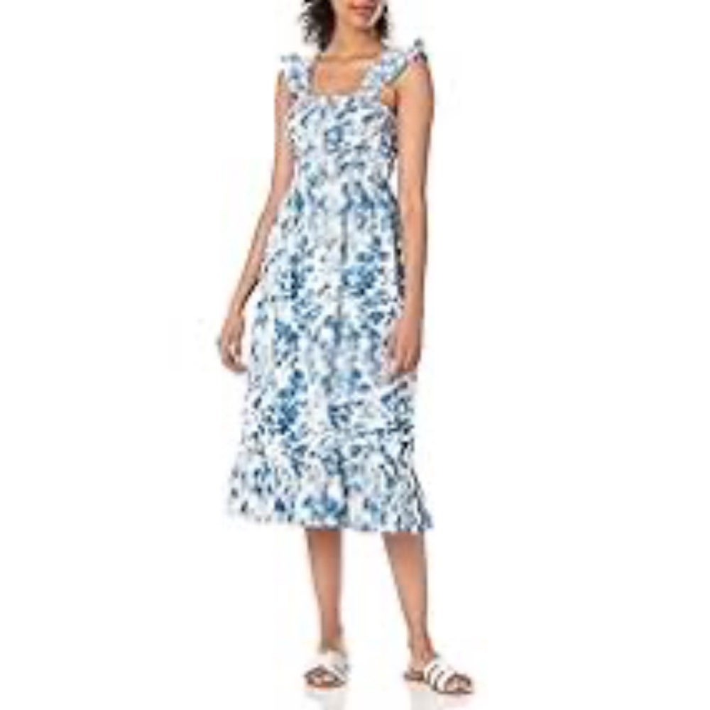 NWT Anthropologie Women's Midi Dress DRA Resa White Blue 100% cotton A20